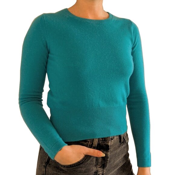 Pure Collection 100% Cashmere Teal Pullover Crewneck Cropped Sweater | 2 - Picture 1 of 4